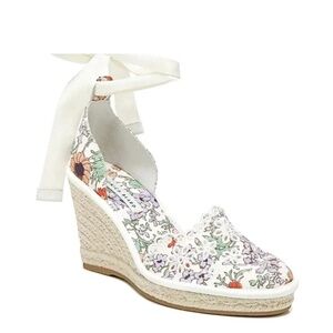 Veronica Beard Soleil White Floral Wedge Espadrilles